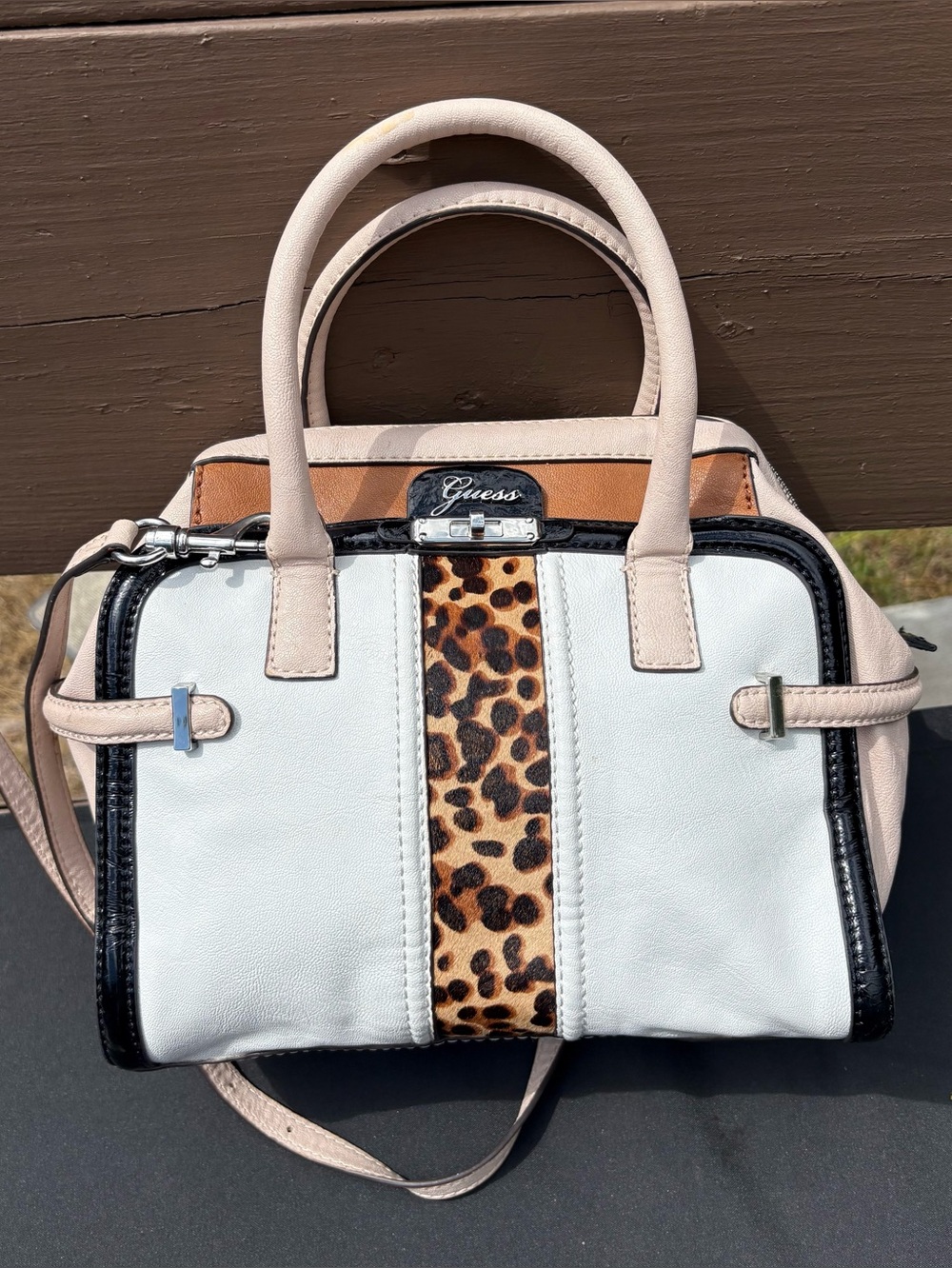 Guess White Satchel with Leopard Stripe and Black Trim - Multicolored